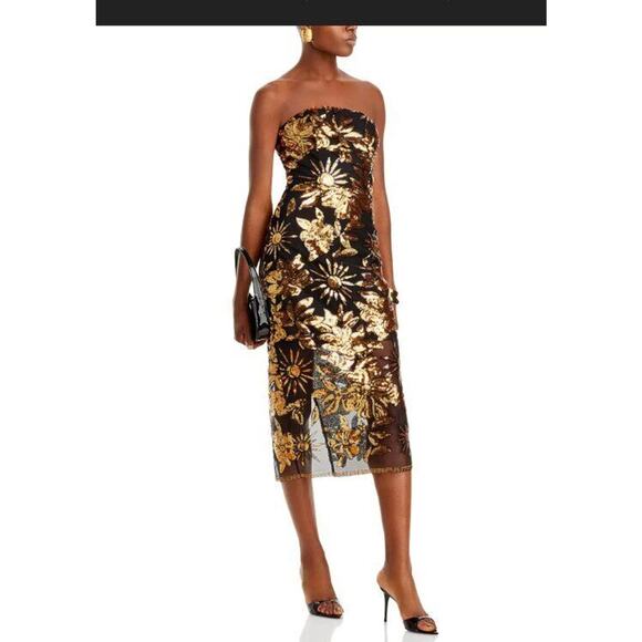 Milly Dresses & Skirts - MILLY Sz 0 XS Kait Dress Gold Black Sequin Holiday Nights Strapless Midi